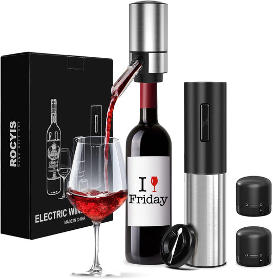 Rocyis Wine Gifts-Electric Wine Opener and Aerator Set-Wine Dispenser Battery Operated, Rechargeable Wine Bottle Opener & Pourer with Foil Cutter, Vacuum Stoppers