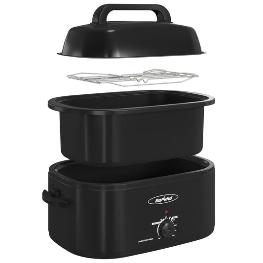 Sunvivi Electric Roaster,28 Quart Roasting Oven with Self-Basting Lid Removable Pan,Turkey Roaster Oven with 150 to 450F Temperature Control Cool-Touch Handles, Black