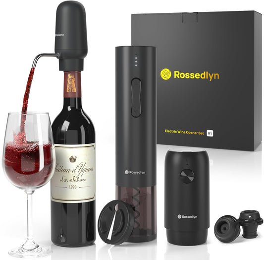 Rechargeable Electric Wine Opener Gift Set - Aerator, Bottle Opener, Foil Cutter, Wine Vacuum Pump and Stoppers for Home Bar Outdoor Party