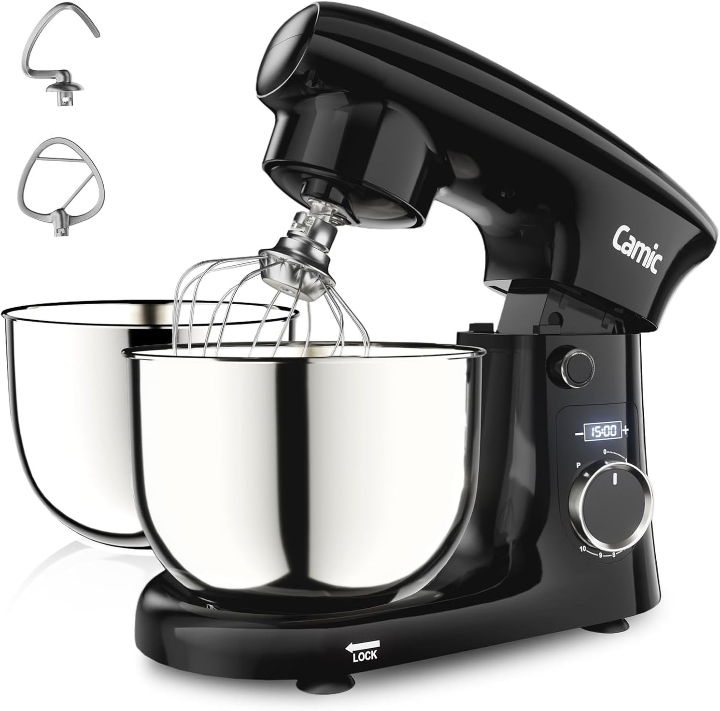 Camic Stand Mixer, 4.2QT+5.3QT Two bowls Electric Food Mixer, 10 Speeds with Digital setting 3-IN-1 Kitchen Mixer for Baking Cakes Cookie Bread Salad with Egg Whisk,Dough Hook,Flat Beater (Black)