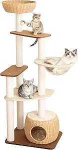 Modern Cat Tree for Large Cat, 57-Inch Tall Cat Tower with Scratching Post for Indoor Cats, Multi-Level Cat Condo with Hand-Woven Cat Bed and Acrylic Bowl (White 81007DD)