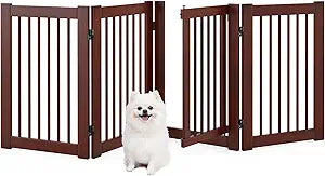 Giantex Dog Gate with Door - 30''H Ã— 80''W Wooden Pet Gate with Walk Through Door, Foldable Freestanding 4 Panels Pet Safety Fence Extra Wide for Doorway Stairs House Deck Yard, Dark Cherry Brown