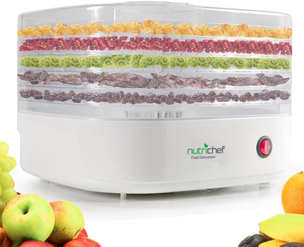 NutriChef Electric Countertop Food Dehydrator Machine-Professional Multi-Tier Food Preserver,Meat or Beef Jerky Maker,Fruit/Vegetable Dryer w/5 Stackable Trays,High-Heat Circulation-AZPKFD06
