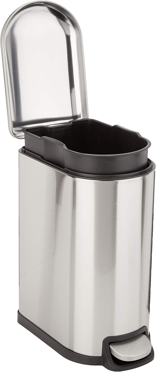 Amazon Basics D-Shaped Small Trash Can with Lid and Soft-Close Foot Pedal for Bathroom, Bedroom, Living Room, Office, Smudge Resistant, 10 l \/ 2.6 gallon, Silver