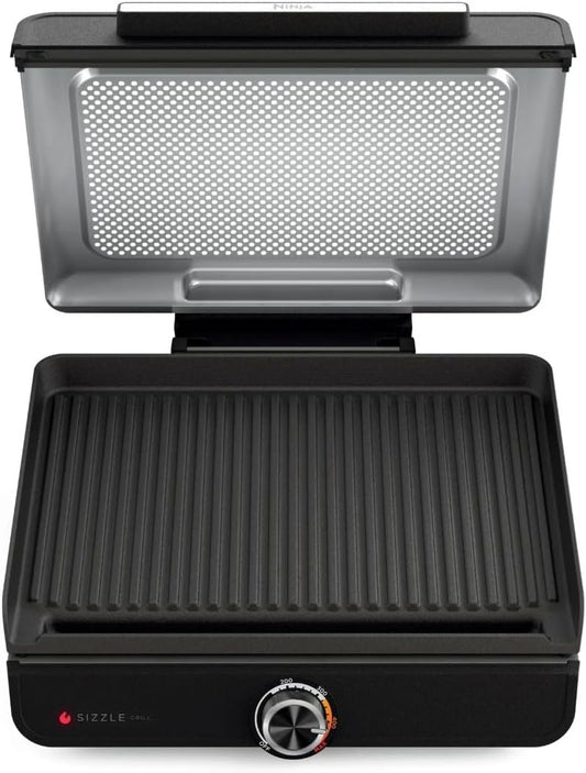Ninja Sizzle Indoor Grill, 500°F High Heat Kitchen Grill with Nonstick 14 Inch Plate, Low-Smoke Technology, Edge-to-Edge Heating, Family-Sized, Countertop Cooking Tool (GR100)