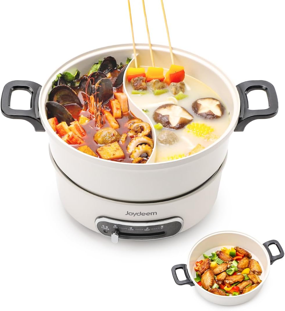 Joydeem 2 in 1 Electric Hot Pot, Shabu Shabu Pot with Two Removable Pot, UL Listed, Ceramic Non-stick Coating, 1400W, JD-HG3706W