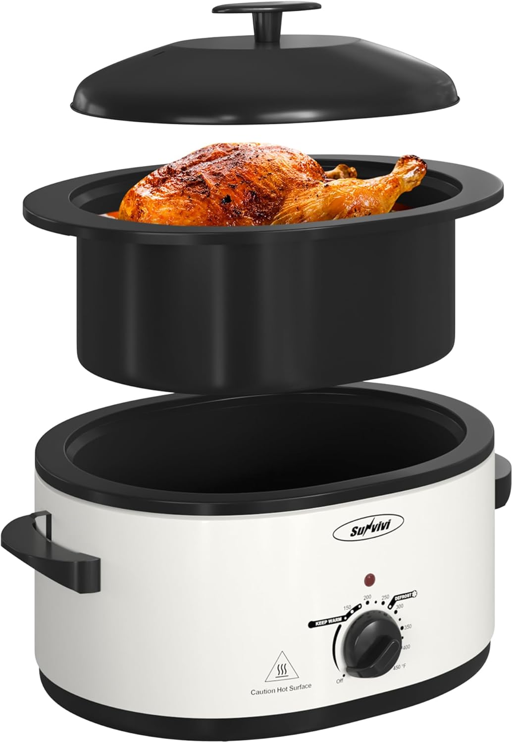 Sunvivi Roaster Oven with Self-Basting Lid, Electric 8-Quart Turkey Roaster Oven with Removable Pan and Rack, Stainless Steel, White