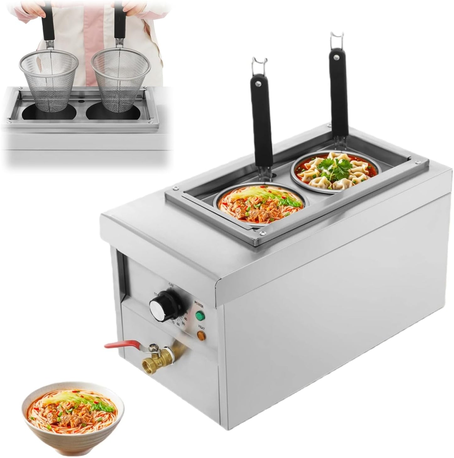 2 Holes Noodle Cooking Machine, Commercial Electric Pasta Cooker w/ 2 Independent Noodle Pots, 30-110℃ Temperature Control, 2KW Table Top Noodles Cooker Machine for Cook Noodles, Pasta