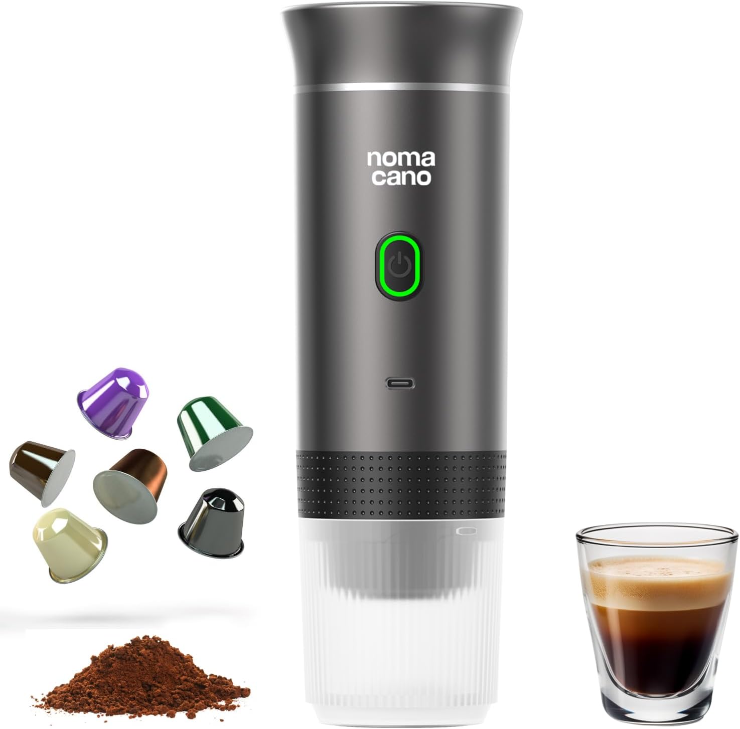 Electric Portable Espresso Machine, Travel Coffee Maker, Instant Self-Heating with USB-C, Extraction Pod System compatible with NS Capsule & Ground Coffee for Camping, RV, Hiking, Office