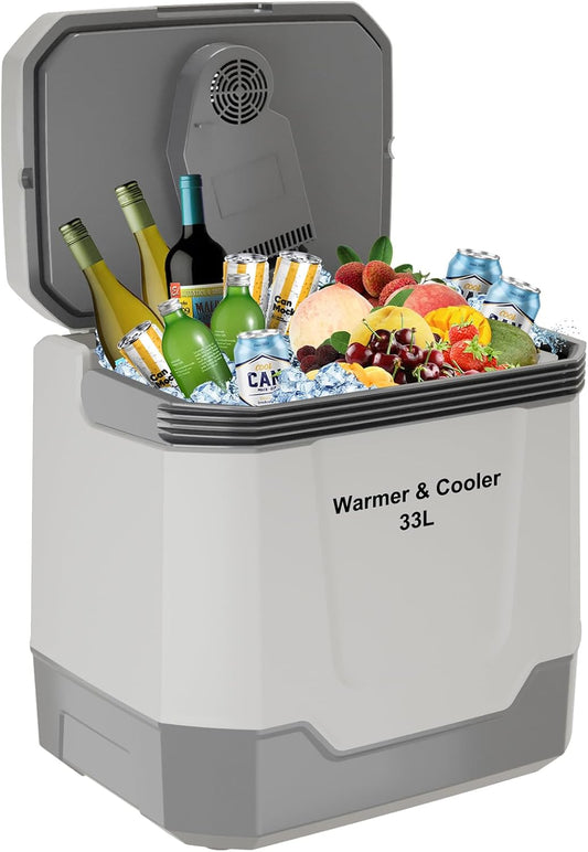 GarveeTech 35 QT (33 L) Electric Cooler & Warmer, Portable Car Refrigerator With Automatic Locking Handle, 12V Car Cooler for Vehicle & Trucks, 110V AC Home Power Cord, Plug In Coolers, Grey