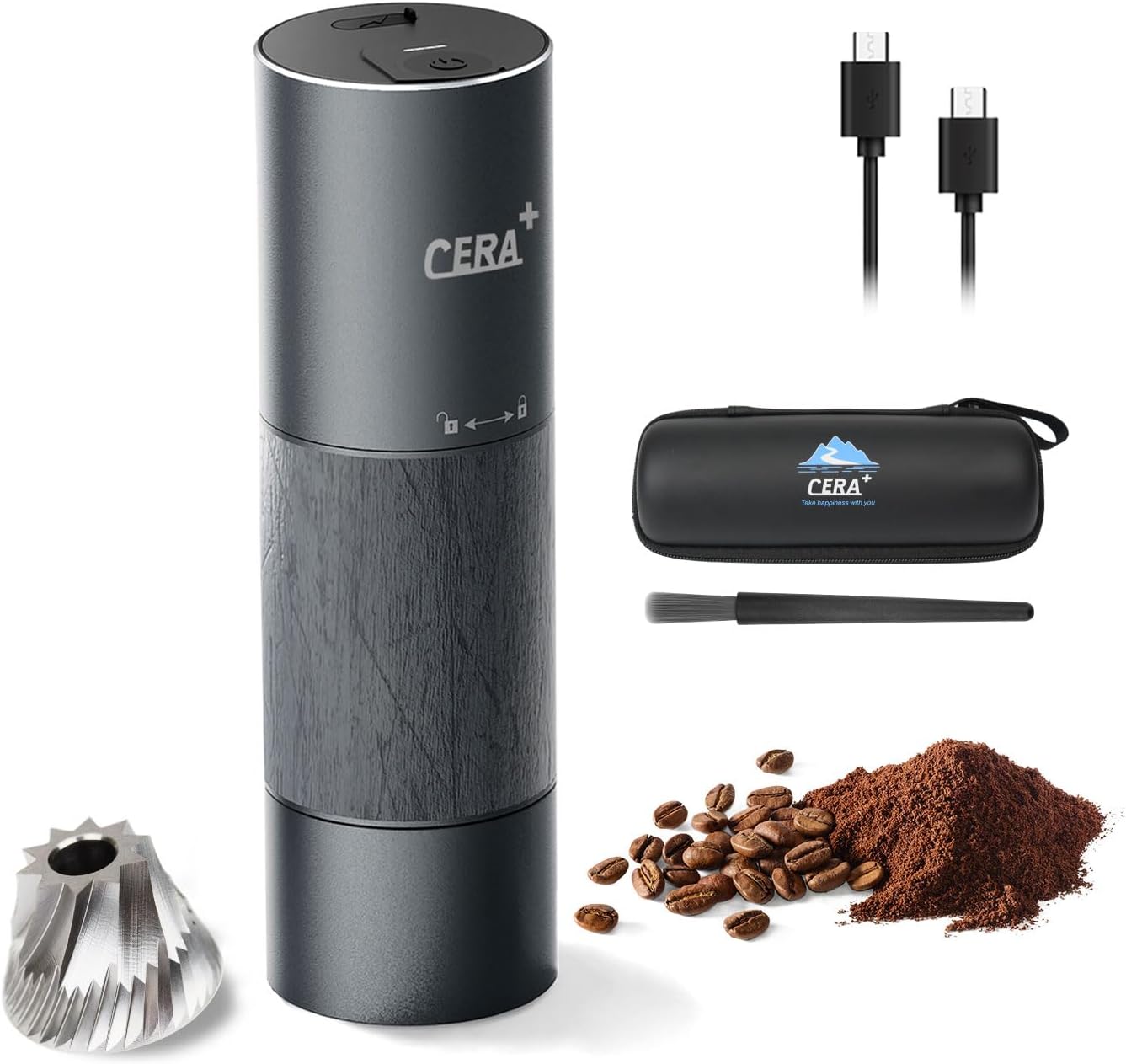 CERA+ Portable Coffee Bean Grinder,Electric Coffee Grinder,Coffee Grinder with 90 Precise Grind Setting,Auto‑Stop & One-Button,Burr Coffee Bean for Espresso,Pour-Over, French Press Moka, with Bag