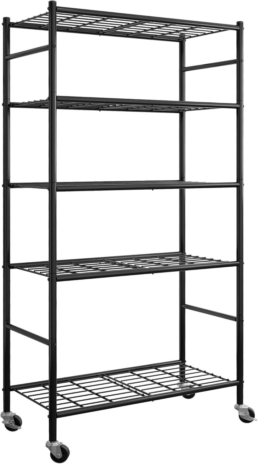 Sakugi Storage Shelves Organizer - 5 Tier Metal Shelf Organizer with Metal Wheels and Adjustable Leveling Feet, Heavy Duty Garage Shelving for Kitchen, Pantry and Closet, 33.1"x12.6"x73.5", Black