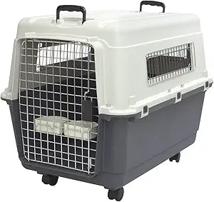 SportPet Airline Compliant LARGE Travel Dog Kennel - Durable Plastic Airline Pet Carrier w/ Removable Wheels & Food Bowls, Collapsible Indoor/Outdoor Dog Kennel, Dogs up to 28"L & 20"H - Cream/Gray