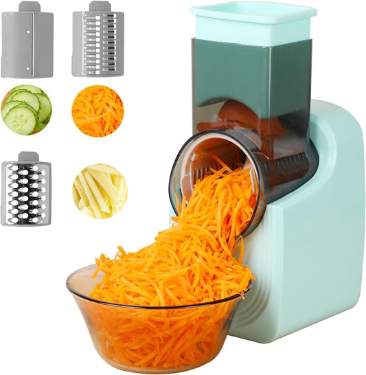 Electronic Vegetable Slicer is Easy to Use and Flexible,Can be Carried 0utdoors, Has 3 Different Shapes of Blades, Electric Salad Machine Can be Used for Cheese, Fruit, Vegetables (green)