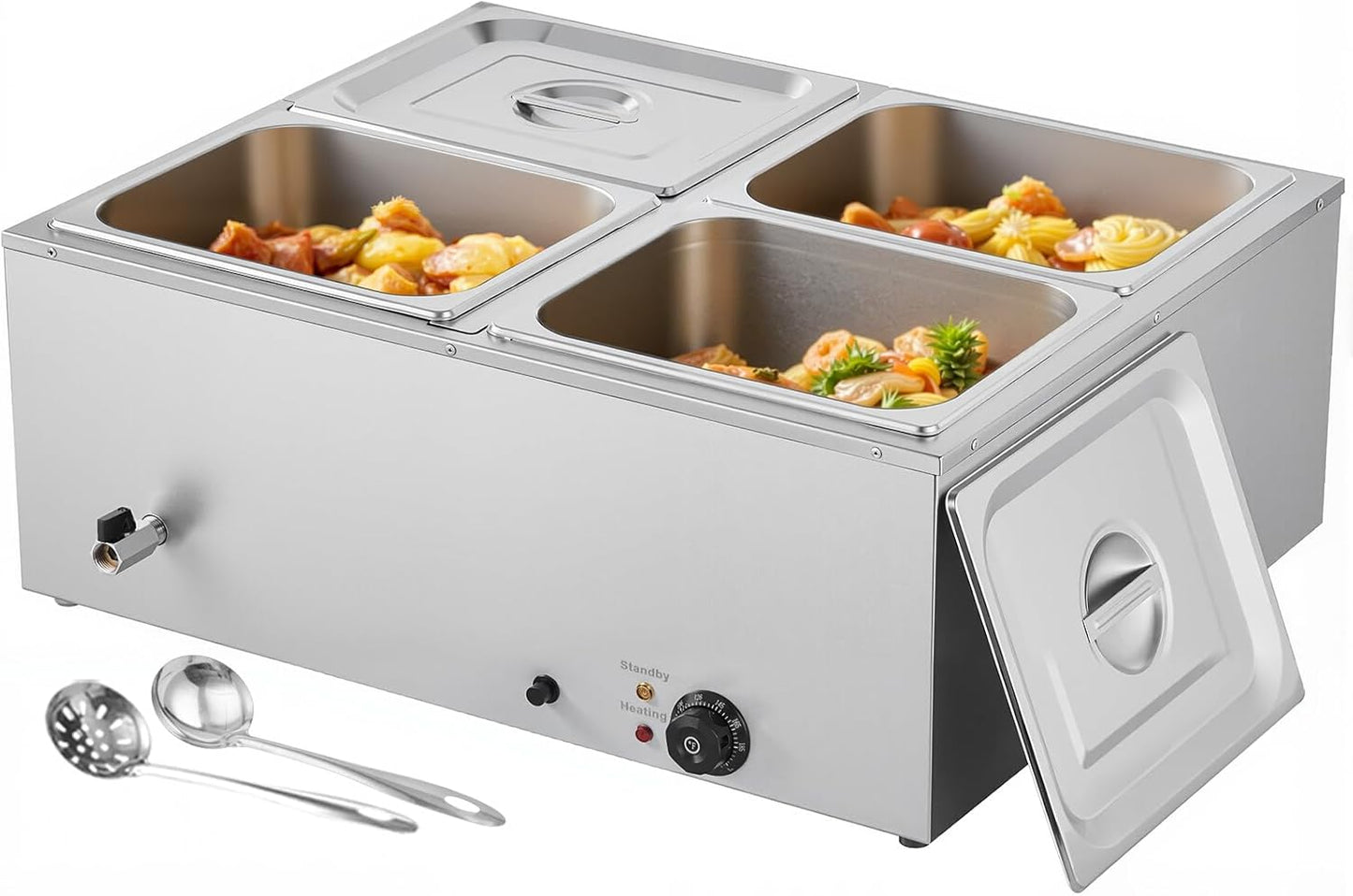 VEVOR Commercial Food Warmer, 1500W Electric Stainless Steel Steam Food Warmer with Lid, 4-Pan Fast Heating Countertop Buffet Bain Marie with Soup & Perforated Ladles, for Catering, Restaurant, Party