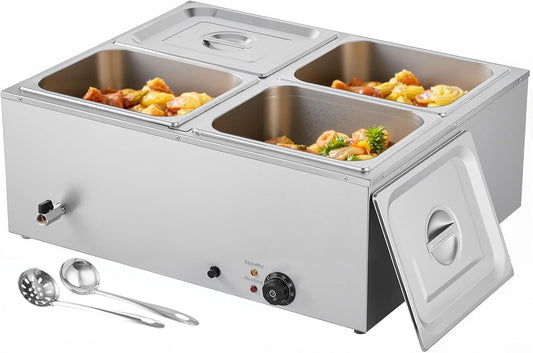 VEVOR Commercial Food Warmer, 1500W Electric Stainless Steel Steam Food Warmer with Lid, 4-Pan Fast Heating Countertop Buffet Bain Marie with Soup & Perforated Ladles, for Catering, Restaurant, Party