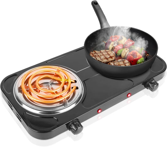 Double Burner Cooktop, 2000W Portable Electric Stove, 5 Level Temperature Control, Easy to Clean, Power Indicator Lights, Coil Hot Plate for Home Dorm Camping Cooking