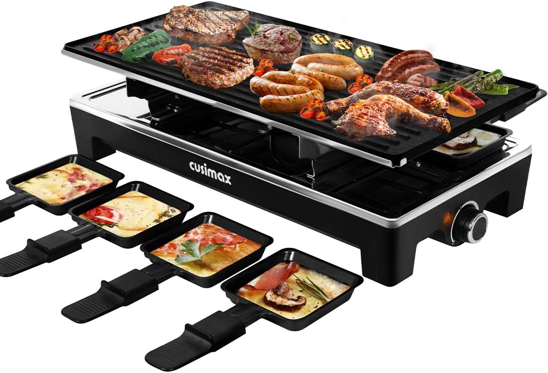 CUSIMAX Raclette Grill Electric Grill Table Portable 2 in 1 Korean BBQ Grill Indoor & Cheese Raclette, Reversible Non-stick plate, Crepe Maker with Adjustable temperature control and 8 Paddles