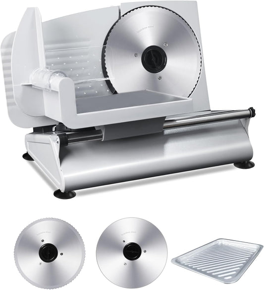 Meat Slicer Machine for Home - 200W Electric Food Slicer with 2 Removable 7.5" Stainless Steel Blades and Tray, Adjustable and Child Lock Protection, Slicer Machine for Meat Bread