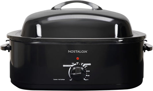 HomeCraft Nostalgia Electric Roaster Oven, 18-Quart Capacity for Turkey, Chicken, Meat, Vegetables, Full-Range Temperature Control, Lift-Out Rack, and Removable Enamel Pot Included, Black