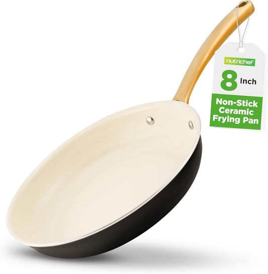 NutriChef 8 Inch Small Ceramic Coated Frying Pan - Nonstick Skillet with Silicone Handle, Easy to Clean, Even Heat Distribution, Compatible with Gas, Electric, Induction, Ceramic & Counter Cooktops
