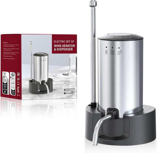 Upgraded Wine aerator Electric Wine Decanter, Rechargeable Automatic Wine Dispenser withStorage Base,Two Modes:long press to continuously Dispense wine\/single press to Dispense75ml of Wine(Silver-set)