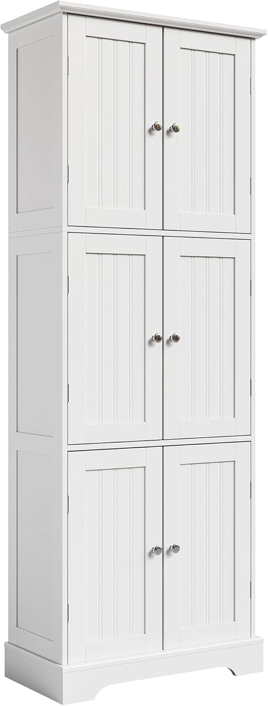 ChooChoo Tall Bathroom Storage Cabinet with 6 Doors, Freestanding Floor Cabinet with Adjustable Shelves, White Pantry Cabinet for Bathroom, Kitchen, Laundry Room