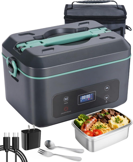 AIZOCO Cordless Electric Lunch Box for Adults, Heated Lunch Box Battery Powered with 5 Side Heating, Portable Food Warmer with 5.5 Cups Removable Container, Self-Heating Food Warmer for Work,GreyGreen