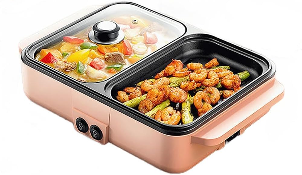 Hot Pot with Grill,2 in 1 Indoor Non-Stick Electric Hot Pot and Frying Pan,Independent Temperature Control,Portable Smokeless Korean BBQ Grill for Indoor Outdoor Party, 11.4 x 8.7 x 4.3
