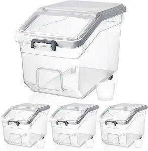Sunnyray 4 Pcs Rice Storage Container 22 lb Airtight Flour Container with Wheels Measuring Cup Clear Pet Food Cube Dog Cat Birds Food Bin Grain Cereal Organizer Box for Dry Baking Supplies(White Lid)
