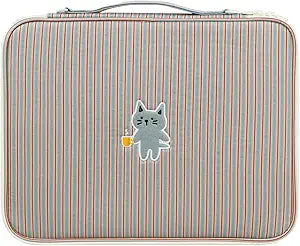 Stripe Kitty Laptop Pouch with Handle | Vintage-Inspired Fabric Cute Notebook Case Sleeve for women (Blue x Red, 13 inch)