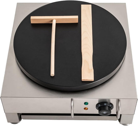 Commercial Electric Crepe Maker Machine, 16 Inch Non-Stick Large Griddle Machine with Adjustable 50-300℃, 1650W 110V Stainless Steel Surface Pancake Maker with Wooden Spreader for Kitchen