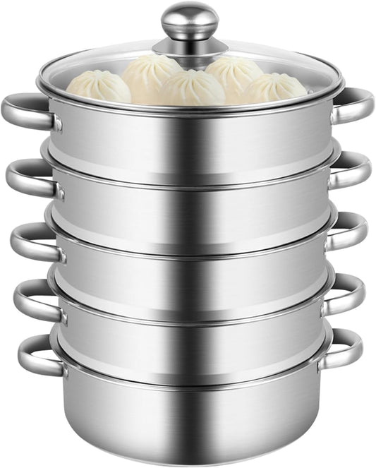 5-Tier Stainless Steel Steamer Cookware Pot with Kitchen Steaming Cookware with Lid Gas Electric Stove Steamer Pot for Kitchen, Home, And Commercial Use
