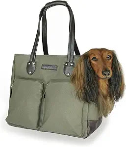 DJANGO Waxed Canvas & Leather Dog Carrier Tote Bag â€“ Premium Soft-Sided Travel Dog Purse with Safety Leash, WR Lining, Zipper Pockets â€“ Everyday Pet Carrier for Small Dogs up to 20 lbs (Olive, Large)