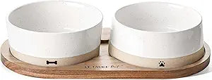 LE TAUCI PET Ceramic Dog Bowls for Medium Small Dogs - 3.2 Cup Medium Dog Food and Water Bowls with Acacia Wood Tray, Dual Food and Water Bowls with Weighted Non-Slip Base