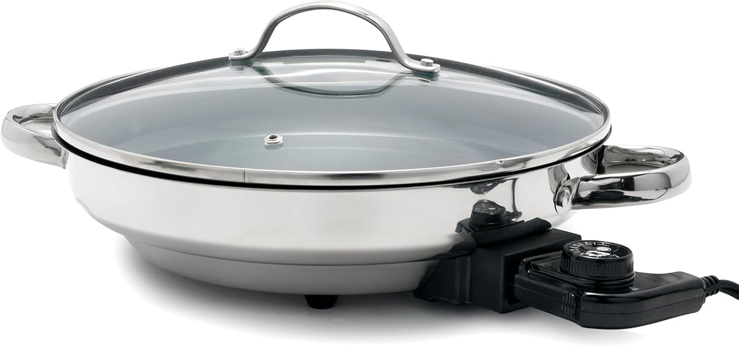 GreenPan Bistro 12" Round Electric Skillet with Glass Lid, 3.3QT Capacity, Stainless Steel 6-in-1 Multifunction Pan, PFAS-Free Ceramic Nonstick, Temperature Dial, Dishwasher Safe