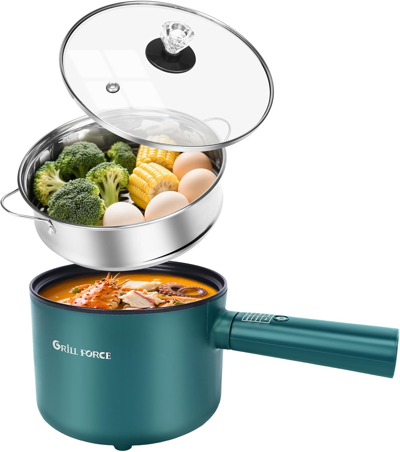 GRILL FORCE Hot Pot Electric with Steamer,6 Smart Modes, 1.8L Ramen Cooker, Portable Cooker, Non-Stick Frying Pan, Sauté Pan, Electric Pot for Pasta, Egg, Steak, BPA Free, College Dorm Room Essential