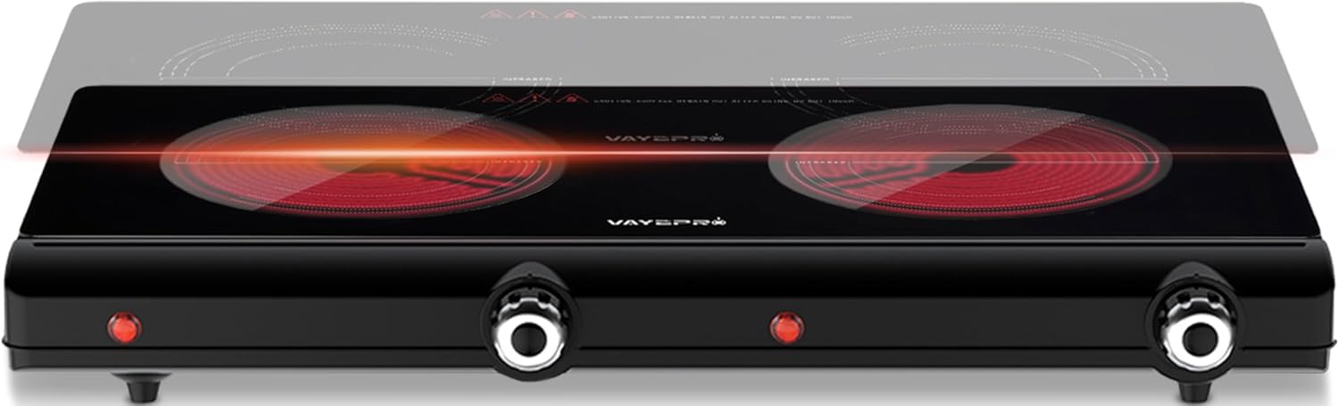 Infrared Double Burner Electric Cooktop - 1800W Portable Stove, Heat-up In Seconds, Countertop Cooktop for Dorm, Compatible with All Cookware