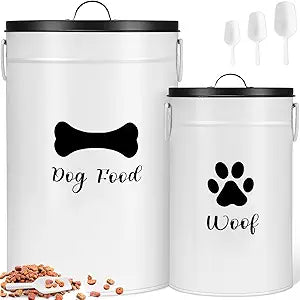 Extra Large 30+14 lbs Metal Dog Food Storage Containers Set of 2 Airtight Dog Treat Snack Jars with Lids and Spoon Farm House Style Big Pet Cookie Storage Bin for Kitchen Counter Gift