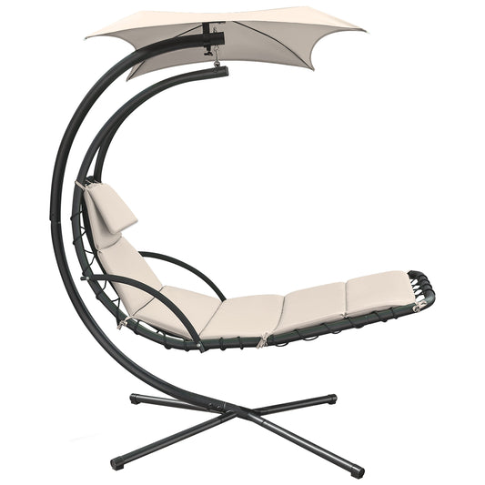Vineego Hanging Chaise Lounger Black Metal Frame Hanging Chaise Lounge Chair with Off-white Cushioned Seat