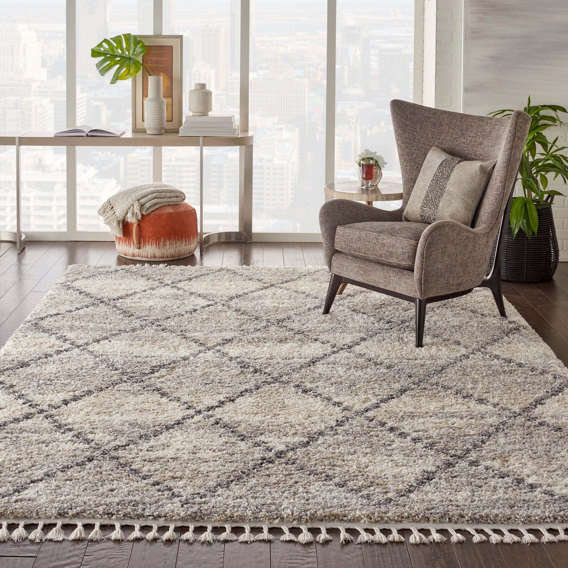 Nourison Scandinavian Shag 7 x 10 (ft) Loomed Polypropylene Ivory/Grey Rectangular Indoor Geometric Moroccan Professionally Clean Only Area rug