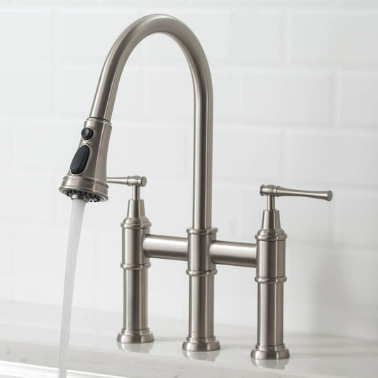 Kraus Allyn Spot Free Stainless Steel Double Handle Deck-mount Bridge Kitchen Faucet with Sprayer