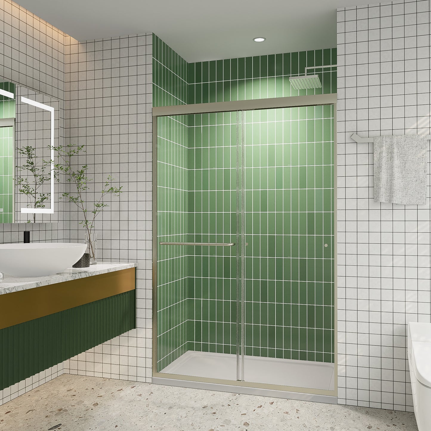 Forclover Sliding Shower Door Brushed NIckel 44-in to 48-in W x 72-in H Semi-frameless Clear Glass Sliding Shower door