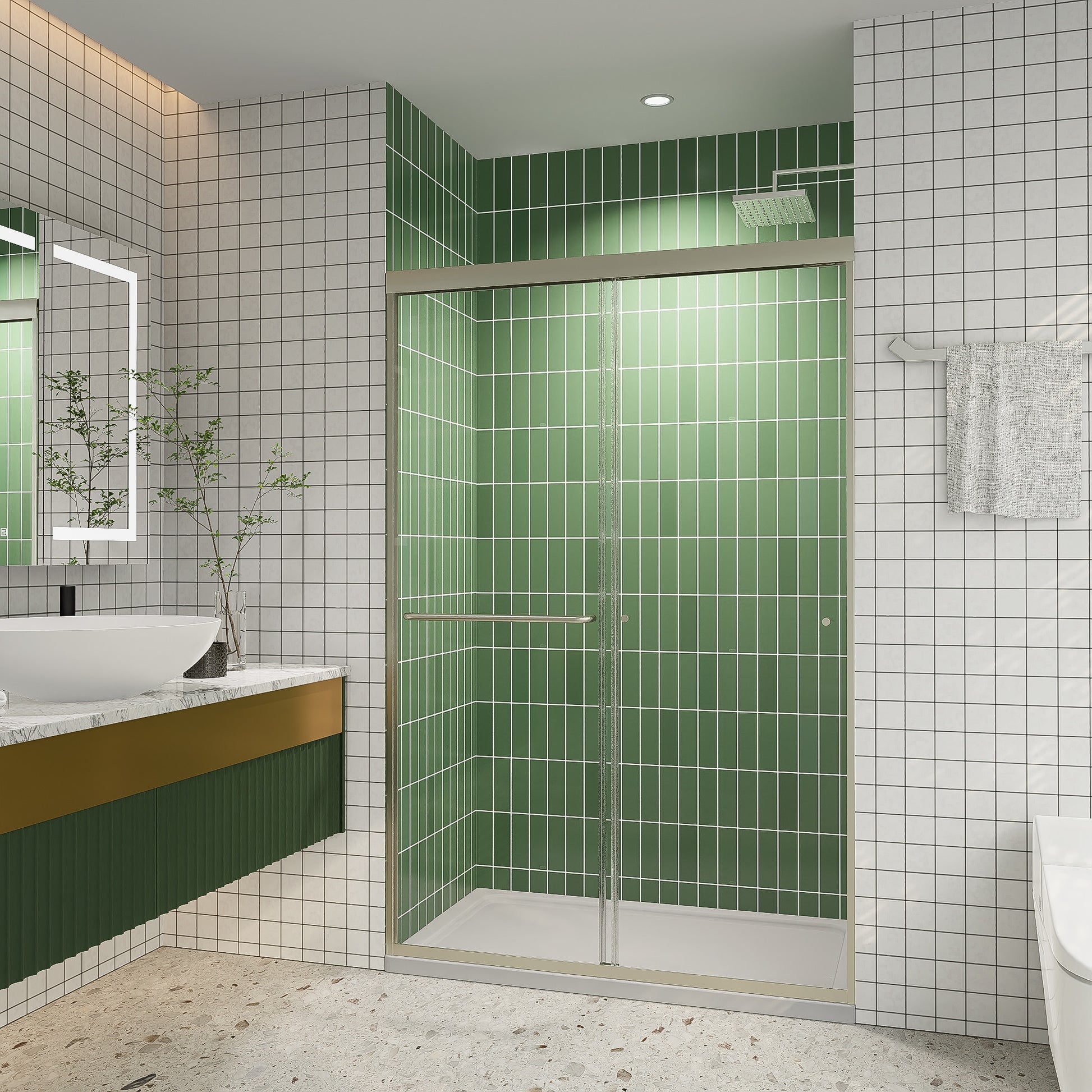 Forclover Sliding Shower Door Brushed NIckel 44-in to 48-in W x 72-in H Semi-frameless Clear Glass Sliding Shower door