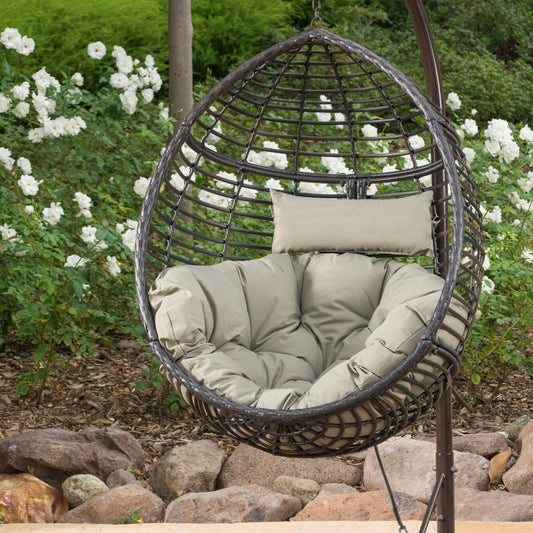 AAZJ Patio Chairs Rattan Brown Steel Frame Hanging Egg Chair with Tan Cushioned Seat