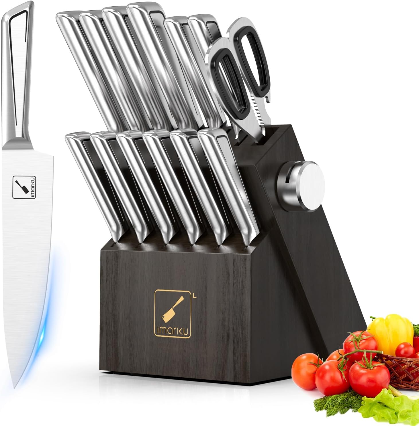 imarku Kitchen Knife Set with Block and Built-in Sharpener, Japanese Stainless Steel 14-Piece Knife Set with Utility Knife, Dishwasher Safe, Non-Slip Ergonomic Handles, Essential Gift for Home Cooks