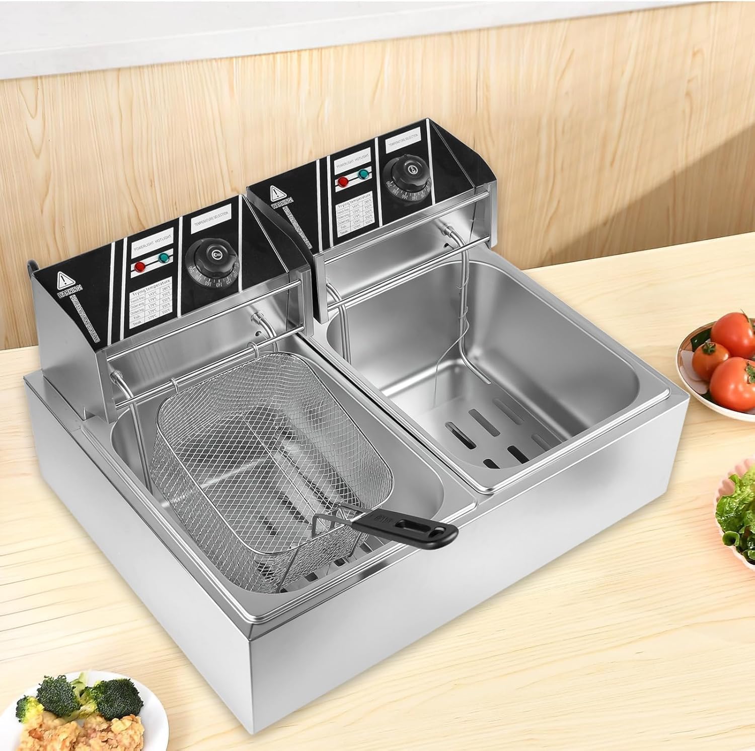 Lovswan 6L + 6L Two Tanks Commercial Deep Fryer with 2 Baskets & 2 Lids, Stainless Steel Double Cylinder Electric Fryer 2x6 Liter Capacity, Temp Control, Removable Easy to Clean 2x2500W EH82