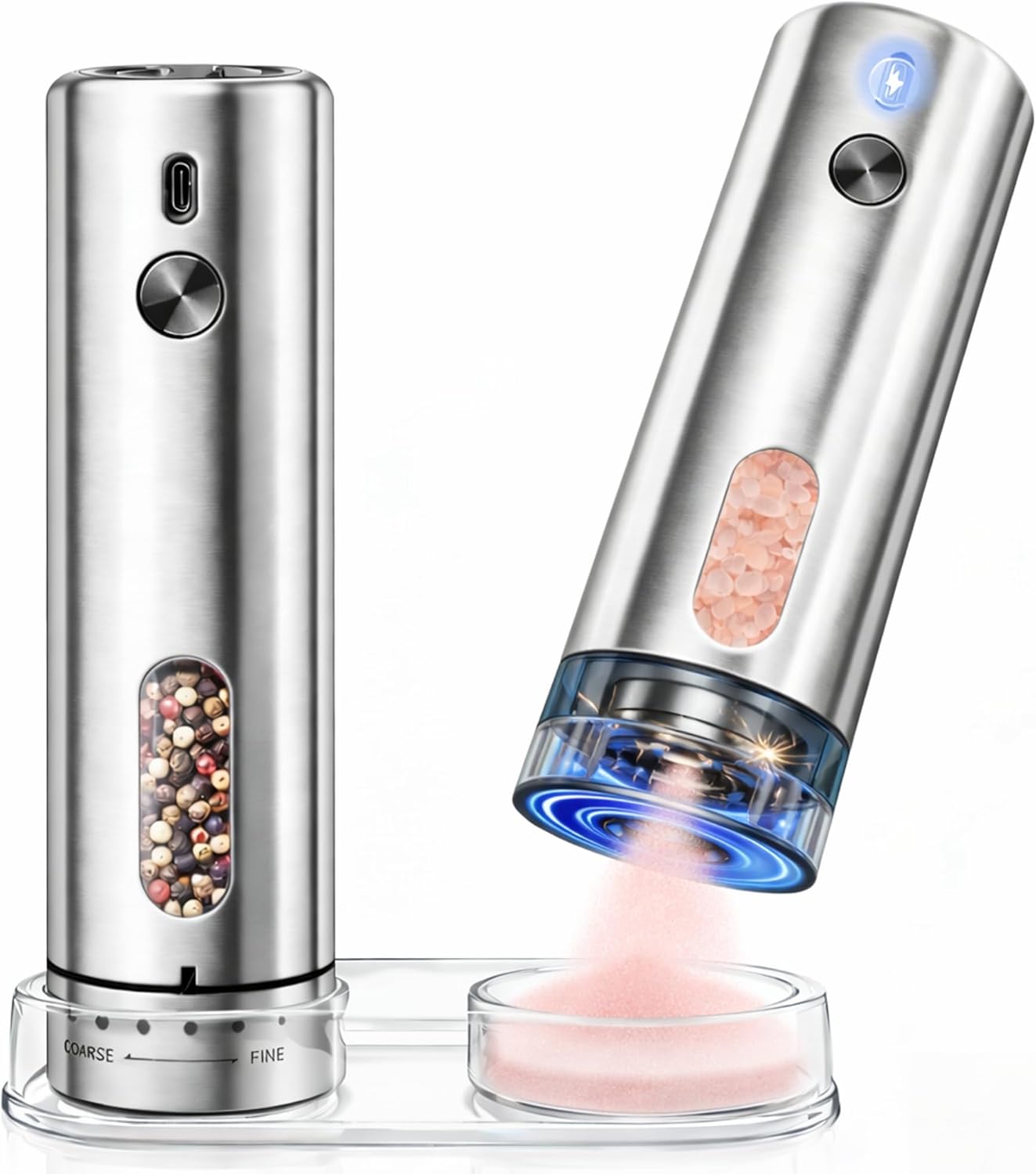 Rechargeable Electric Salt and Pepper Grinder Set, Automatic Mills with Storage Base, Mess-Free External Adjustment, Powerful Motor for Fast Grinding, 110ml Large Capacity, Stainless Steel, LED Light