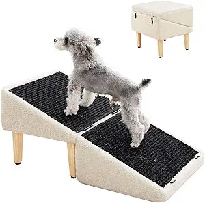 MEWANG Dog Ramp with Storage for Small Dogs & Catsâ€“1.5ft Pet Stairs,Footstool and Hidden Storage Box,3-in-1 Design,Anti-Slip, Supports up to110lbs, Suitable for Sofas, Beds,and Living Room Use-Beige