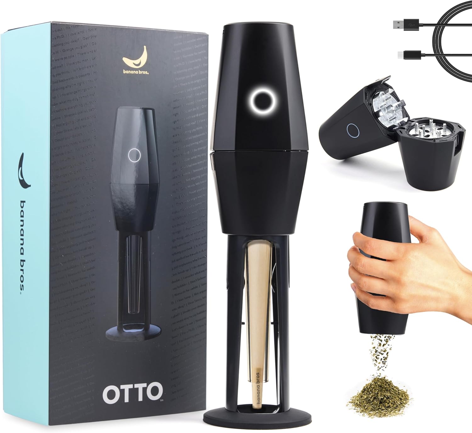 Banana Bros OTTO Electric Smart Spice Grinder - Automatic Herb Grinder with Smart Technology - Rechargeable via USB - Portable Milling for Dry Herbs and Spices - Black - No Carrying Case